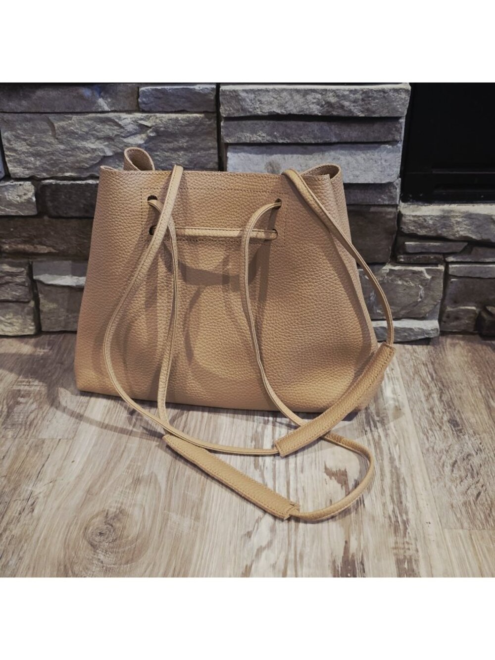 8 Other Reasons Slouchy Bucket Drawstring Tote Bag Faux Leather Tan